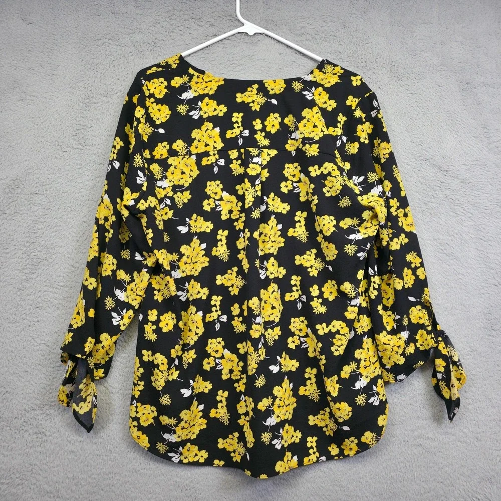 Michael Kors Top Womens L Black Yellow Tie Sleeve Floral Colorful Resort Elegant
